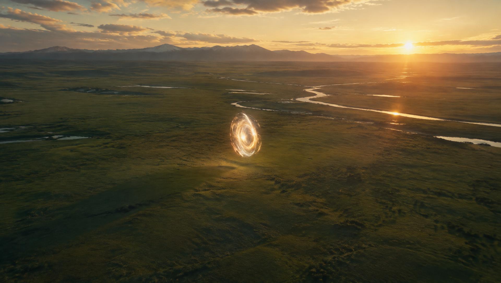 A glowing portal opens over an endless prairie at golden hour