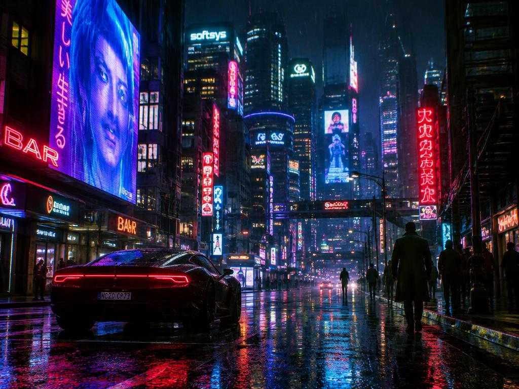 Rain-slicked neon street, slow dolly forward, anamorphic flares
