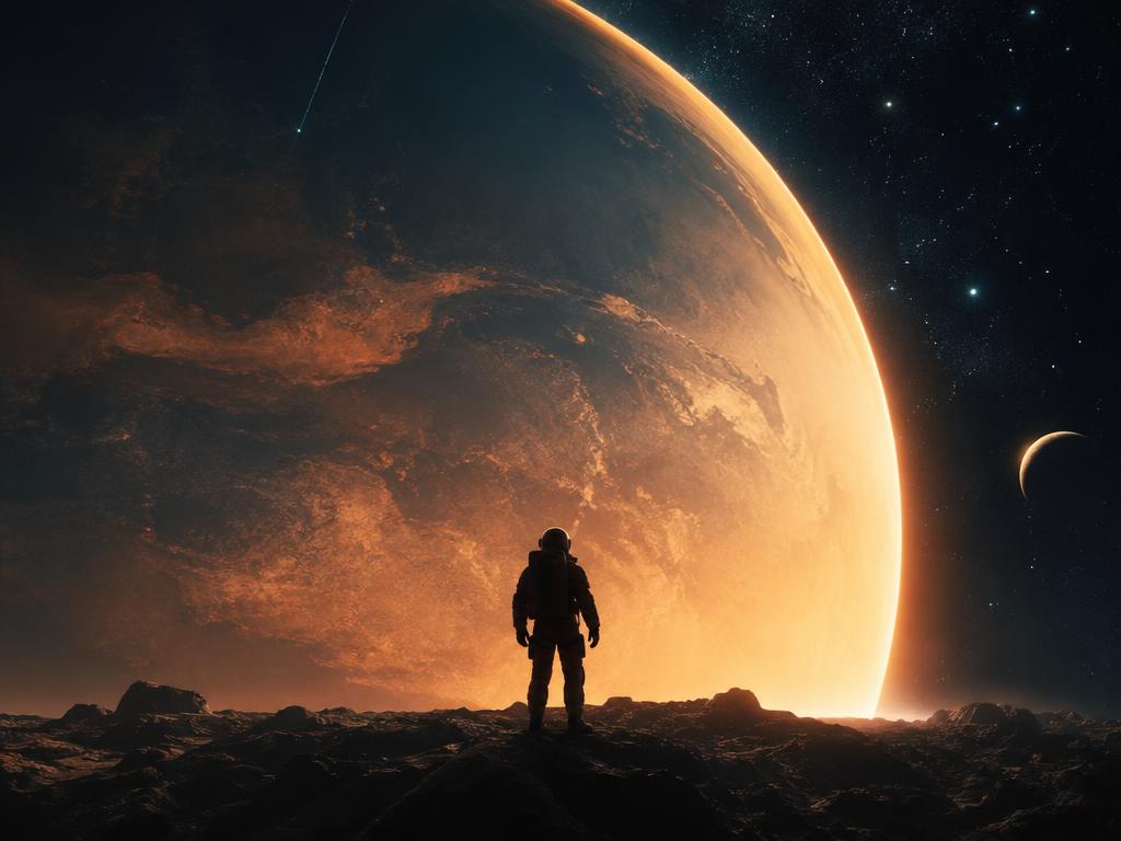Lone astronaut beneath a rising gas giant, wide static shot